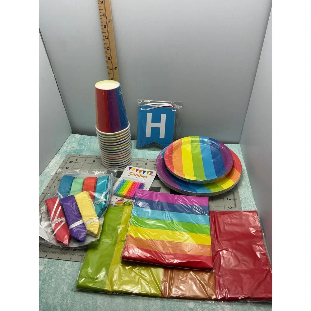 Oojami Rainbow Birthday Party‎ Pack Cups Plates Napkins Banner Candles Pompoms
